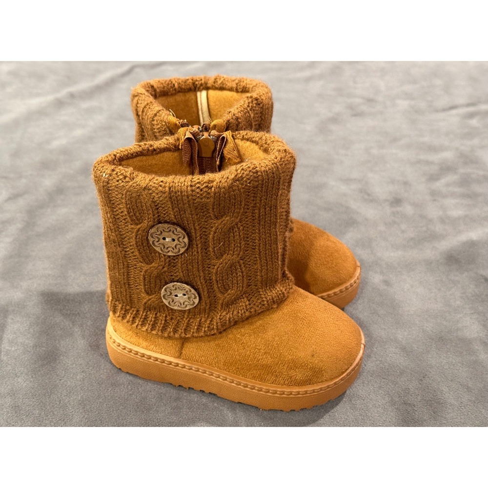 Toddler Girls Cable Knit Button Winter Boots Cognac Brown Size 6/23